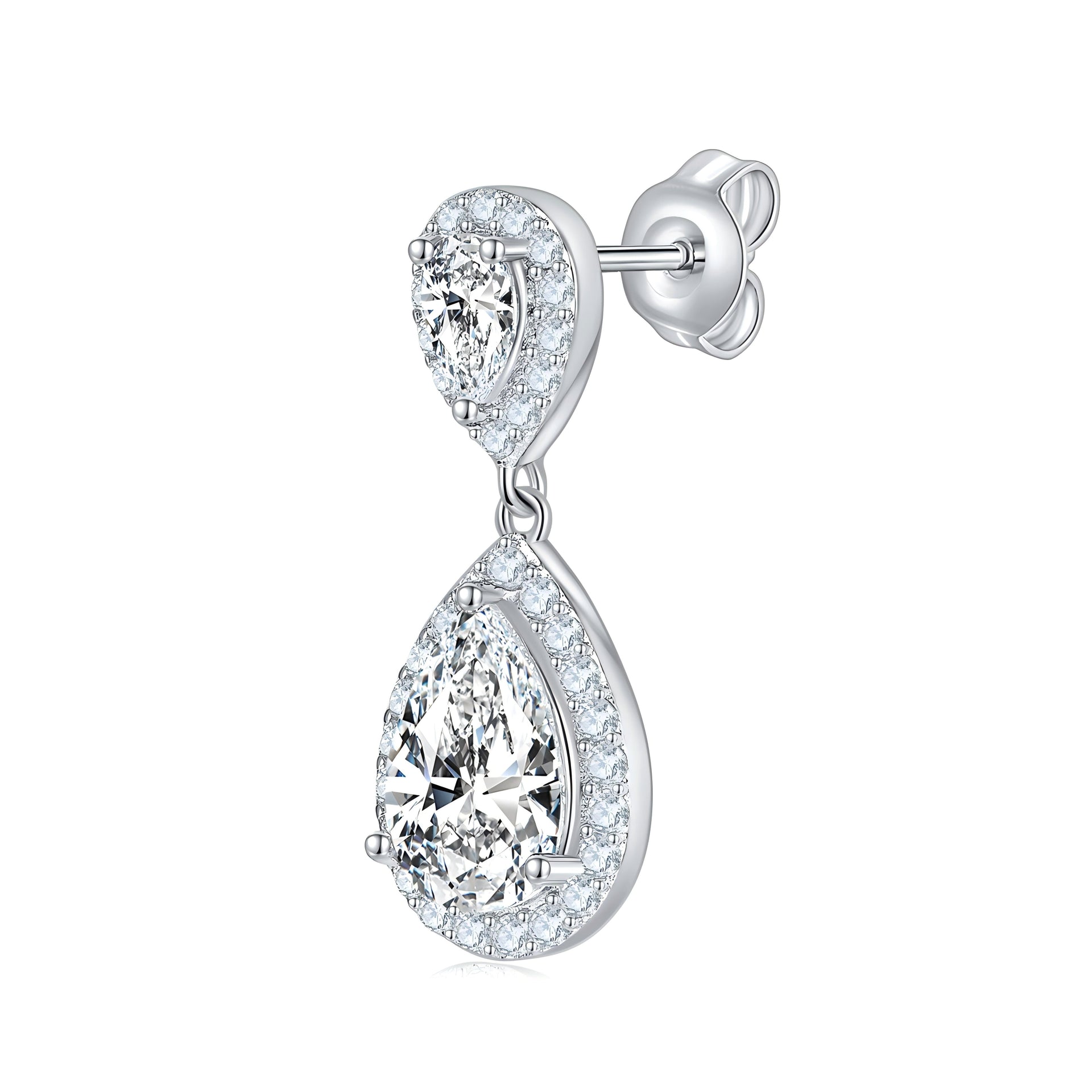 Pear cut moissanite halo drop earrings with hollowed detailing in sterling silver