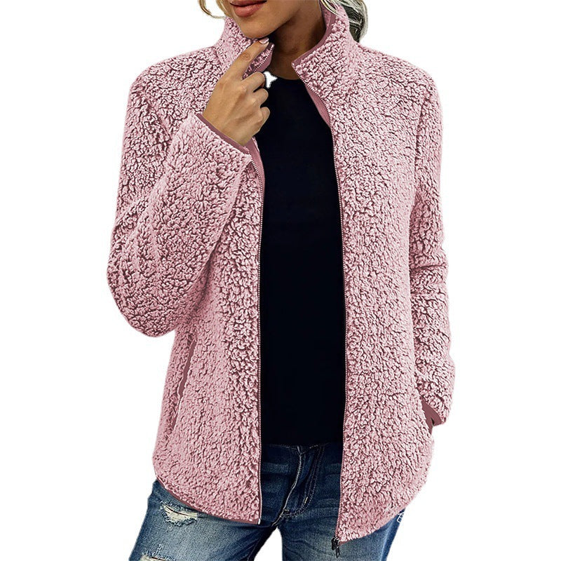 Fall Winter Warm Sweatshirt Stand Collar Solid Color Top Sweater Women's Casual Fashion Long Sleeve Zipper Bubble Velvet Coat Tops