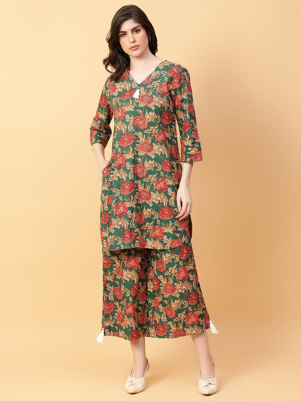Green Printed Cotton Co-ord Set with Hand Work Detail