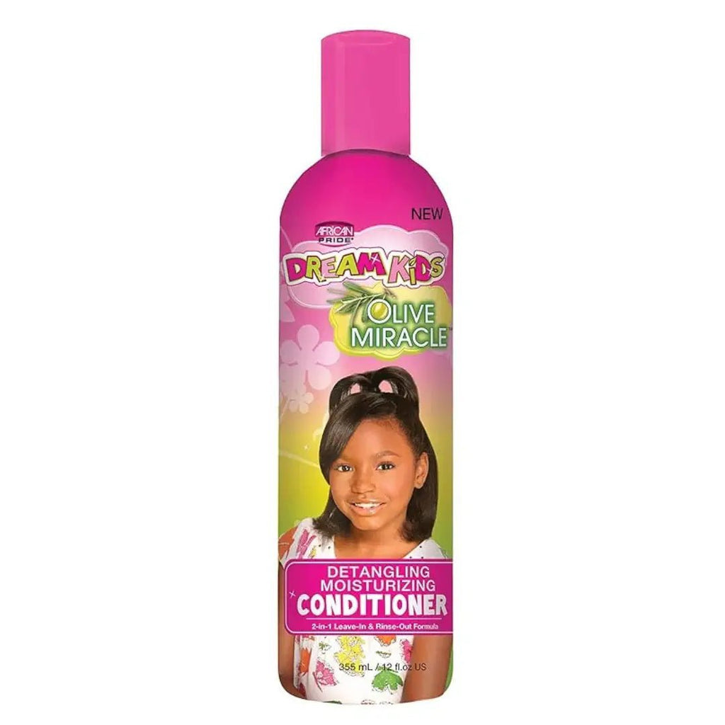 African Pride Dream Kids Detangling Moisturizing Conditioner bottle in pink, yellow, and green packaging