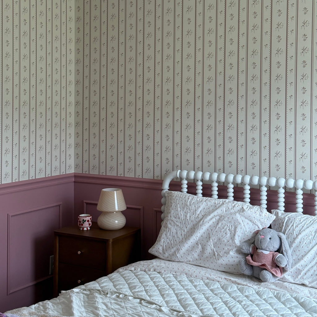 Vintage-style striped wallpaper in beige, cream, muted-green, and mauve