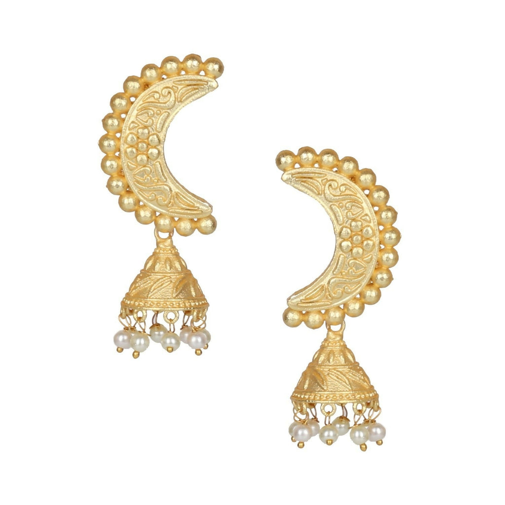 Close-up of elegant matte gold brass drop earrings with intricate handcrafted detailing