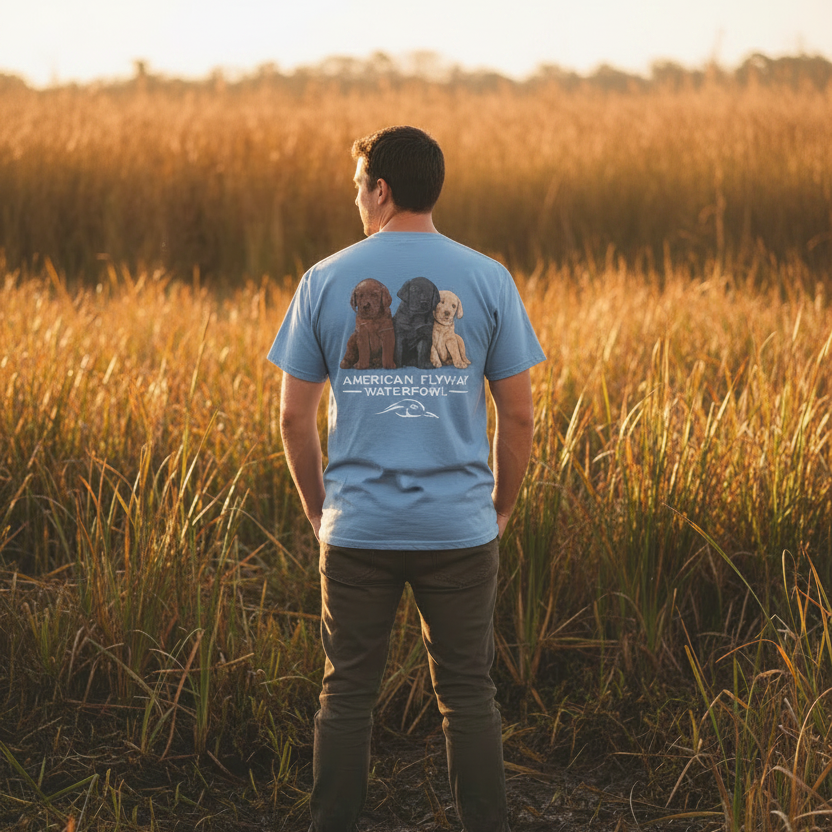 Puppy Tee in Washed Denim Blue Unisex Cotton Outdoor Graphic Shirt