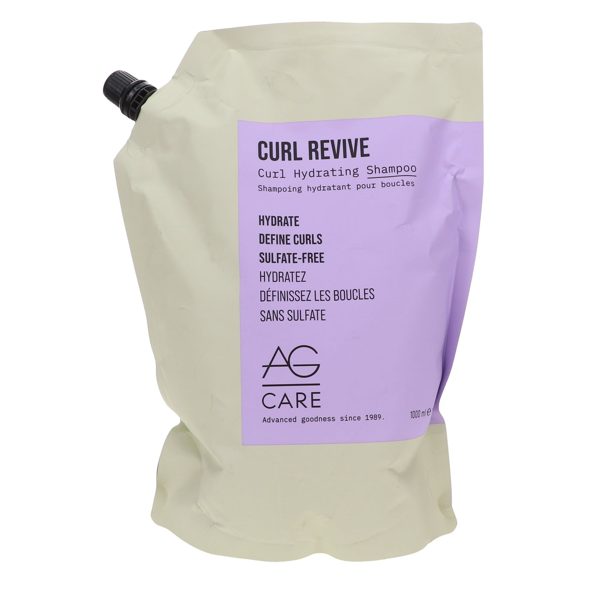 A 1L bottle of AG Care Curl Revive Hydrating Shampoo for curly hair care.