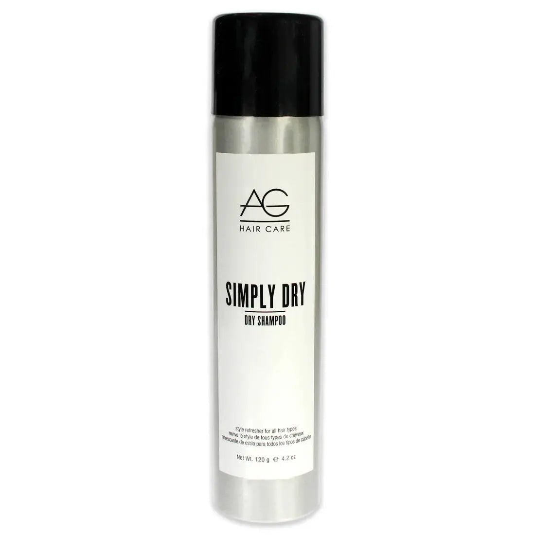 Silver and black canister of AG Hair Simply Dry Shampoo.
