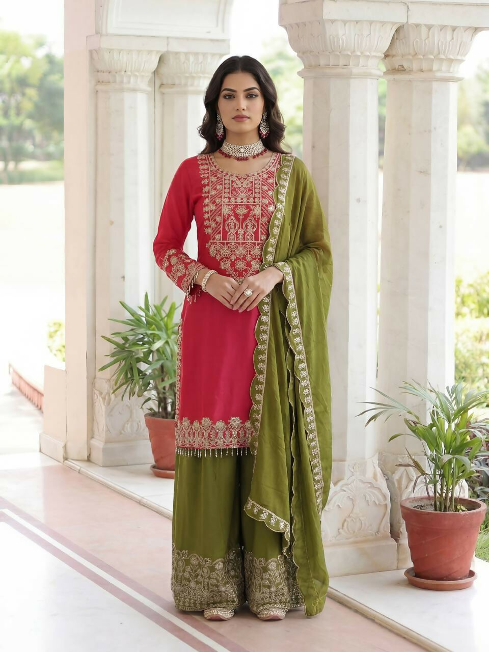 Pink Silk Embroidered Sharara Set with Stitched Kurti