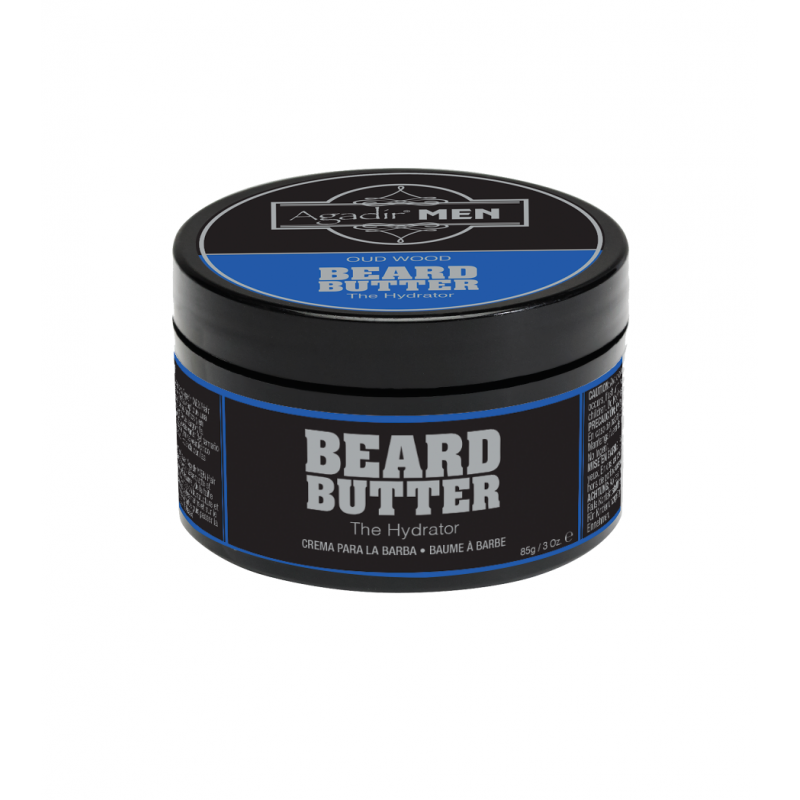 Agadir Men Beard Butter 3oz jar in black and blue packaging for beard styling and conditioning.