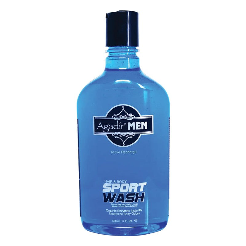 Agadir MEN Sport Hair & Body Wash 17oz bottle in a clean, professional grooming setting.