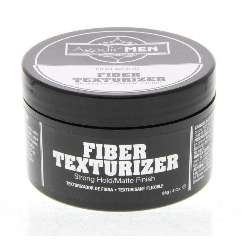 Agadir Men Fiber Texturizer jar in black and white minimalist packaging.