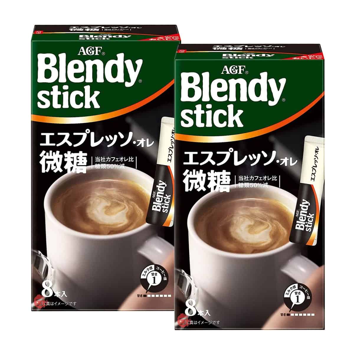 AGF Blendy Stick Espresso Au Lait boxes in black, green, and white packaging, suitable for modern kitchens.