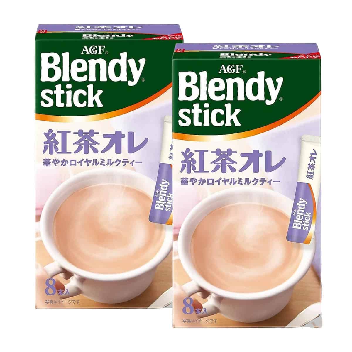 Two boxes of AGF Blendy Kocha Latte sticks in elegant purple and white packaging.