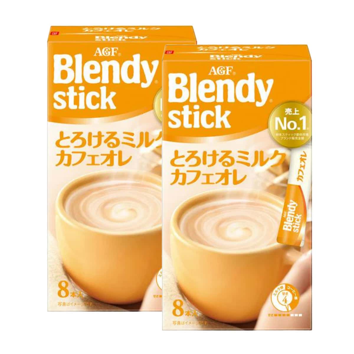 AGF Blendy Stick Melting Milk Cafe Au Lait sticks featuring warm orange and cream packaging.