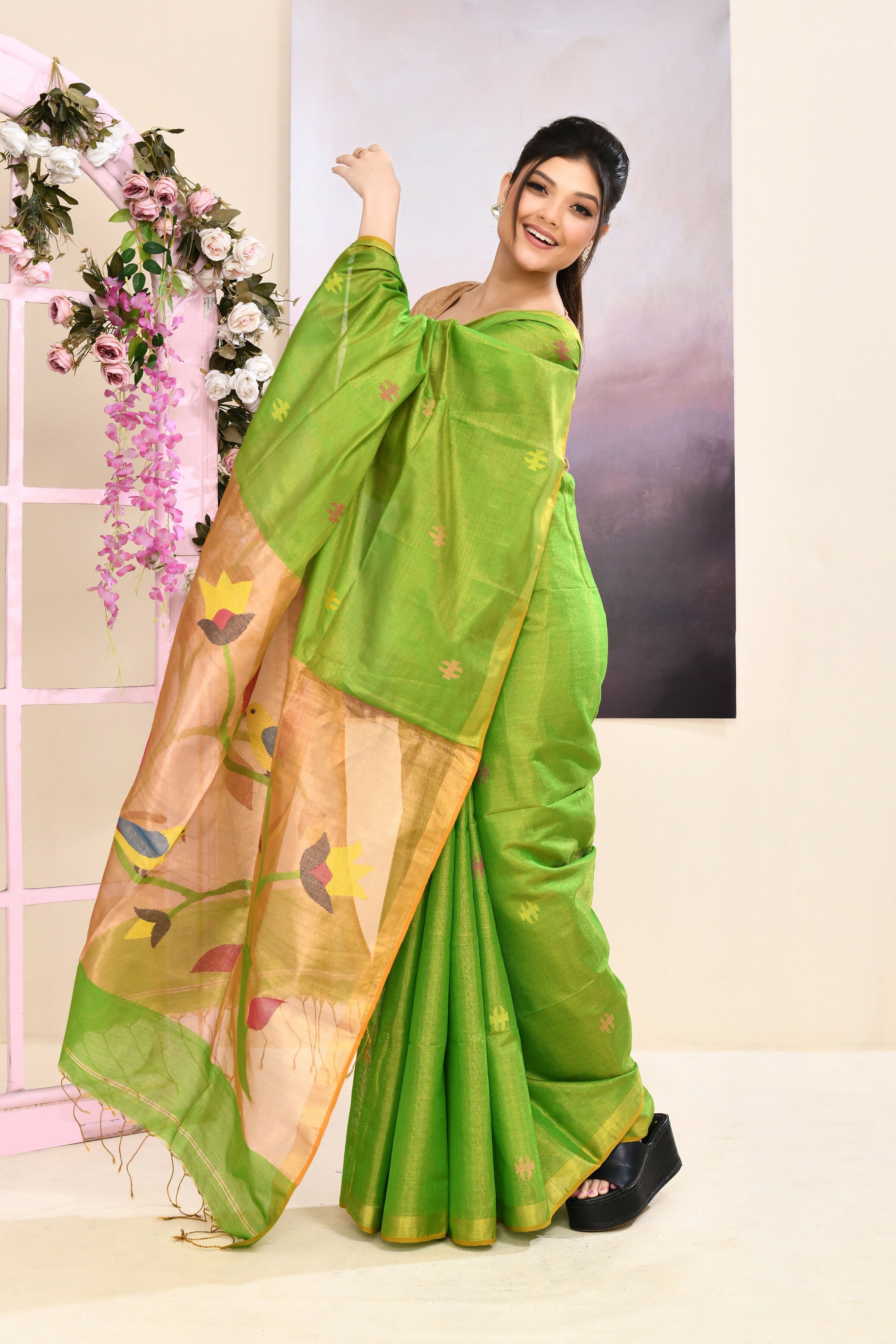 Green Tissue Jamdani Saree with Elegant Embellishments