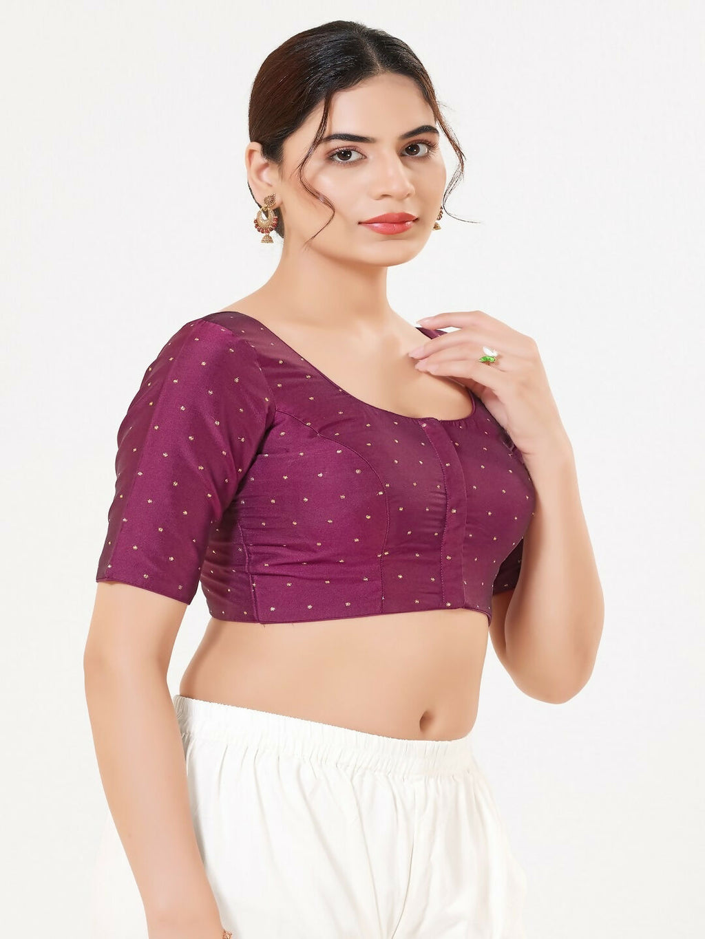 Plum Taffeta Silk Sleeveless Front Open Round Neck Blouse
