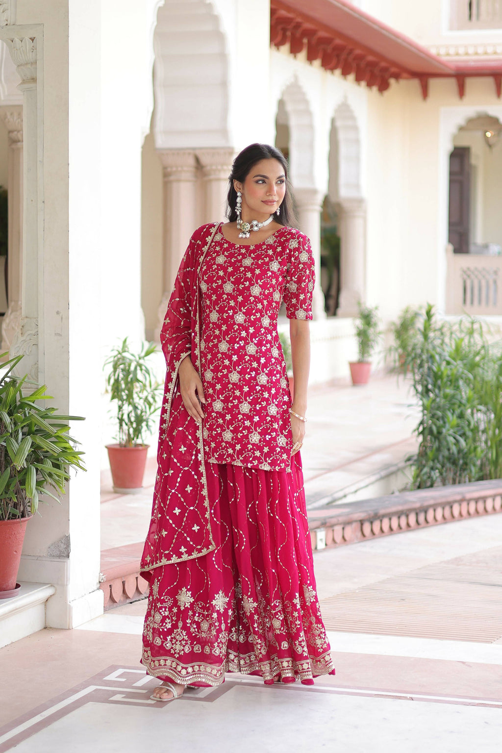 Pink Sequined Georgette Kurta Set with Ready-to-Wear Design