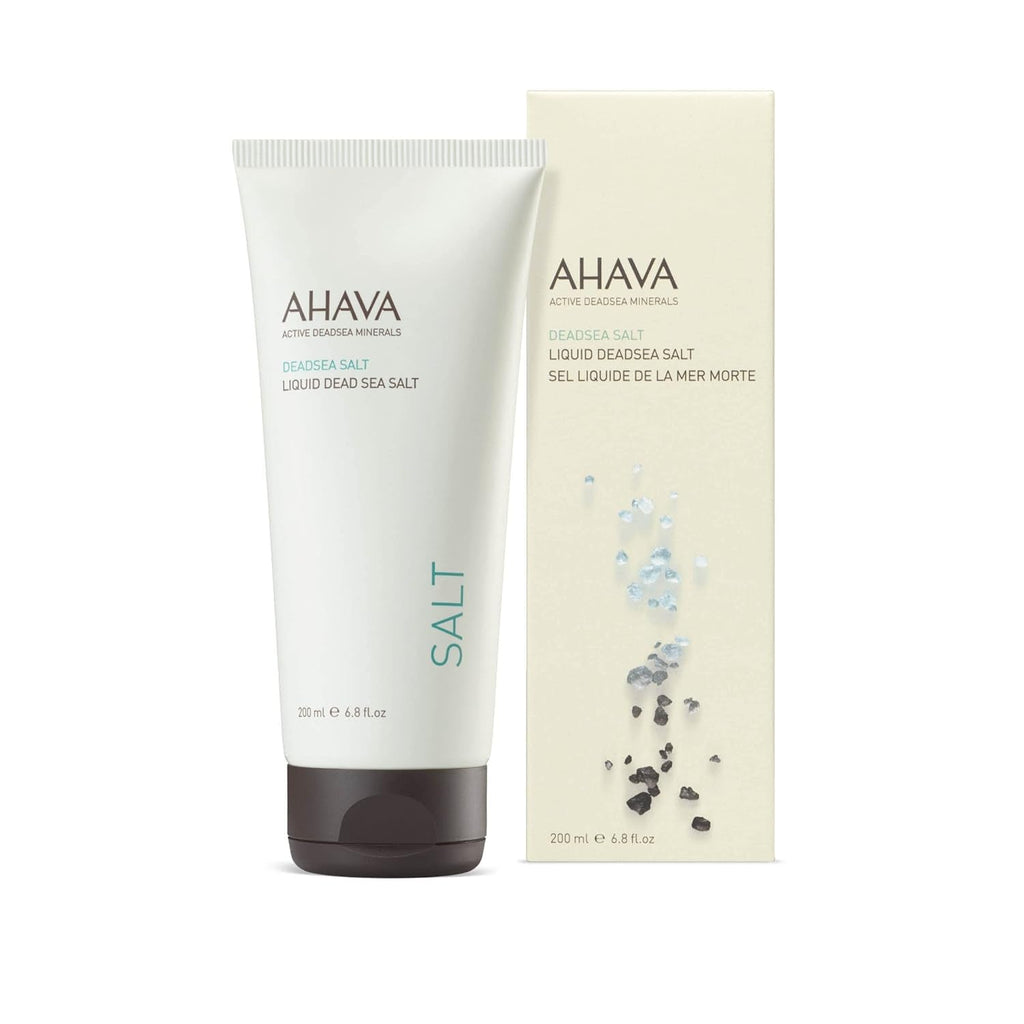 Ahava Liquid Dead Sea Salt 200ml bottle, white and brown minimalist packaging.