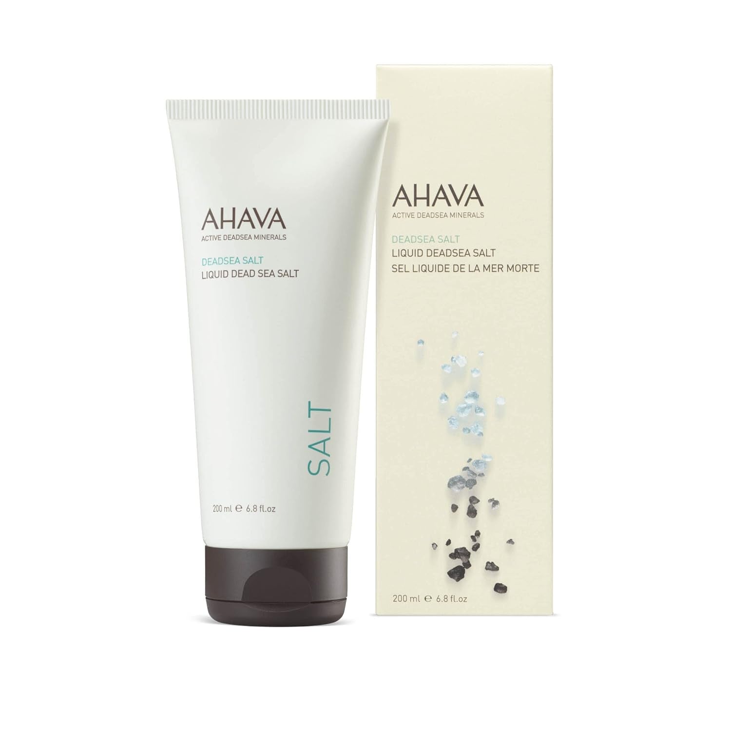 Ahava Liquid Dead Sea Salt 200ml bottle, white and brown minimalist packaging.