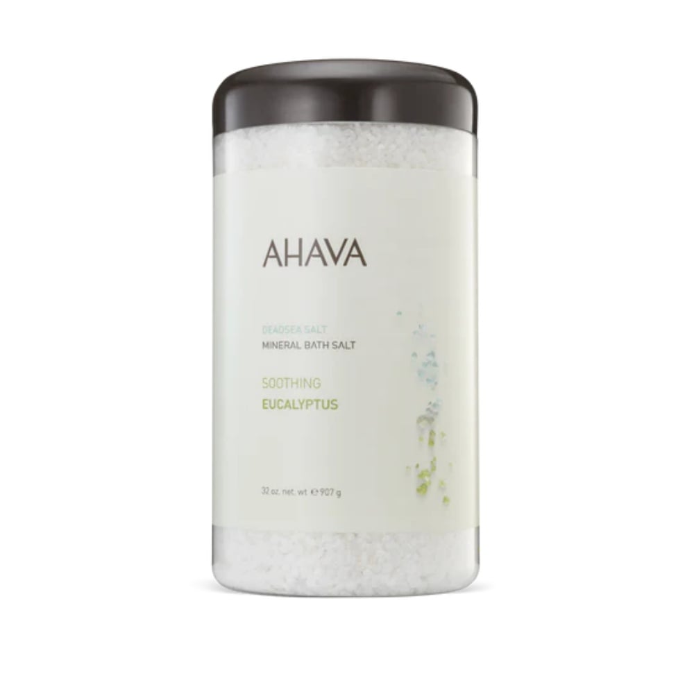 32 oz container of Ahava Eucalyptus Dead Sea Bath Salts for mineral-rich soaking and skin hydration