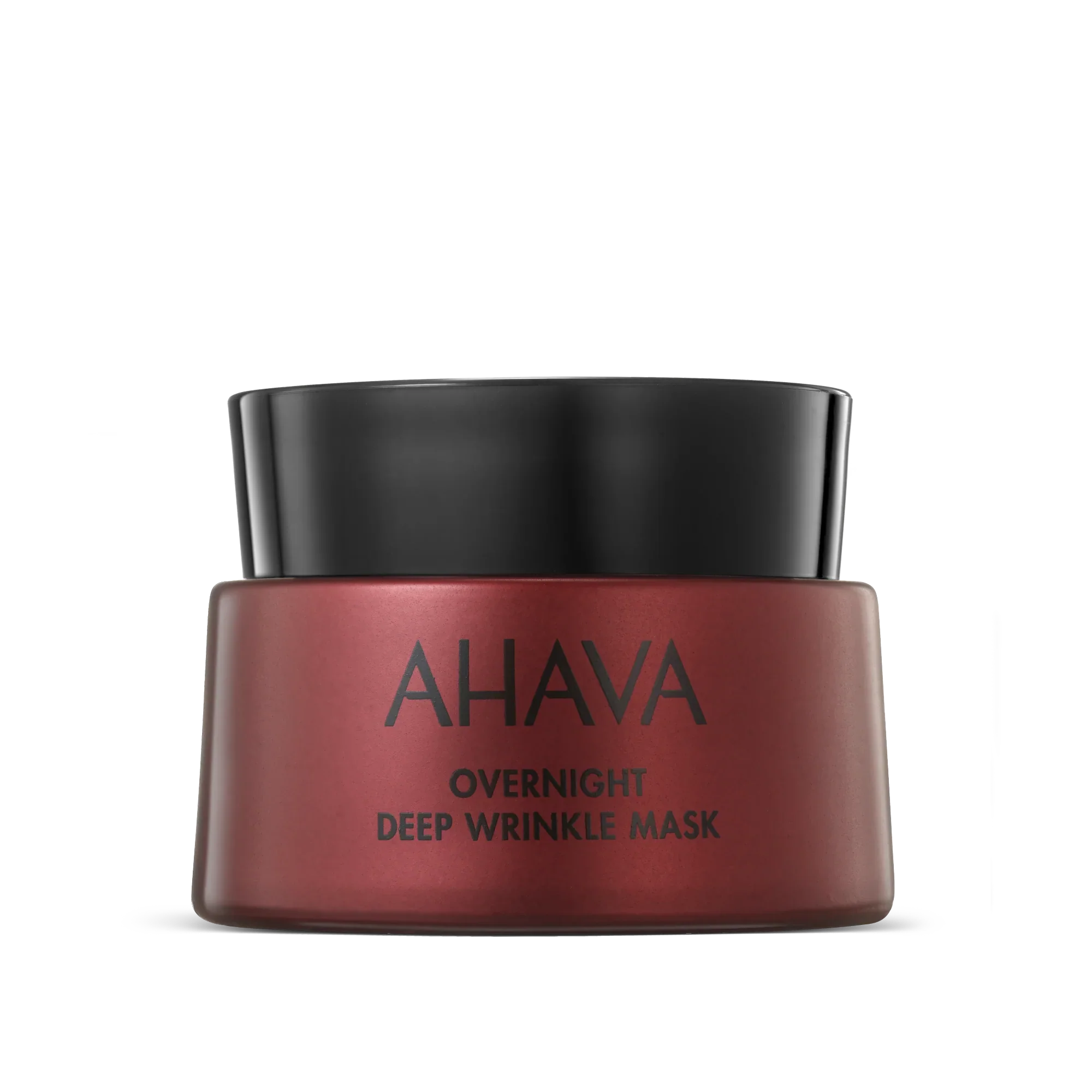 AHAVA Overnight Deep Wrinkle Mask in burgundy and black packaging.