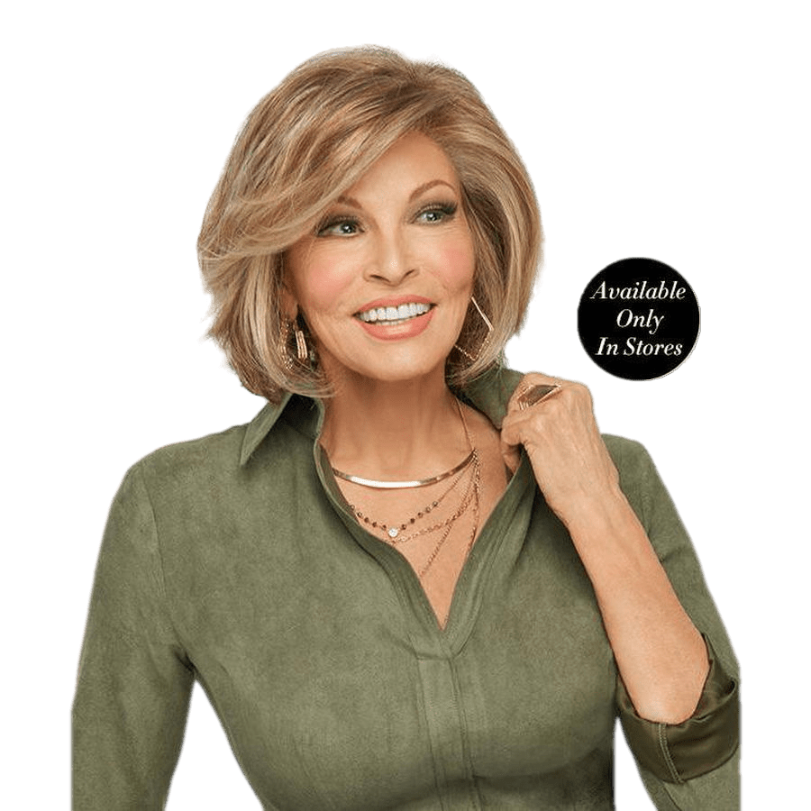 Woman wearing the Ahead of the Curve wig in multi-tonal light brown and blonde highlights