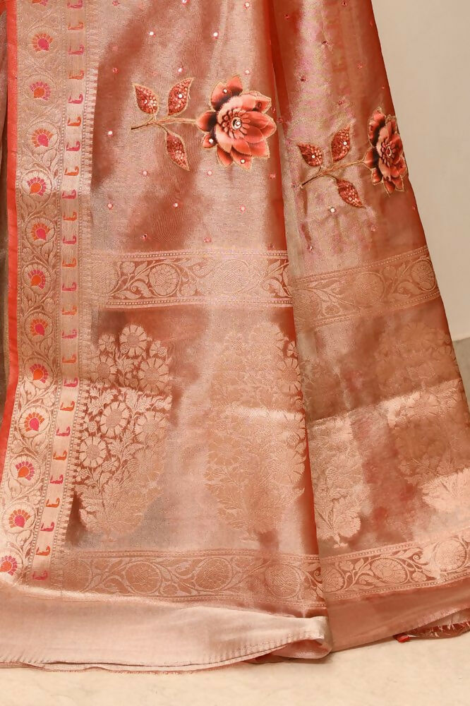Blue and Orange Kataan Ikkat Banarasi Silk Saree