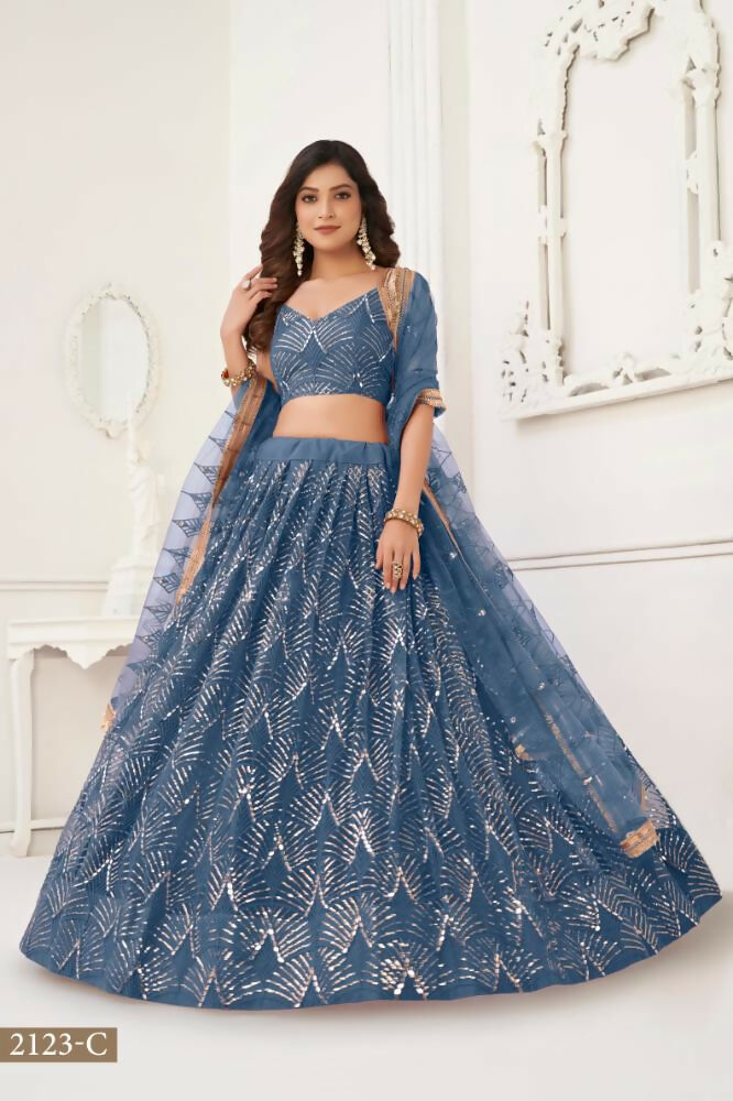 Peach Butterfly Net Lehenga Choli with Mirror and Thread Work