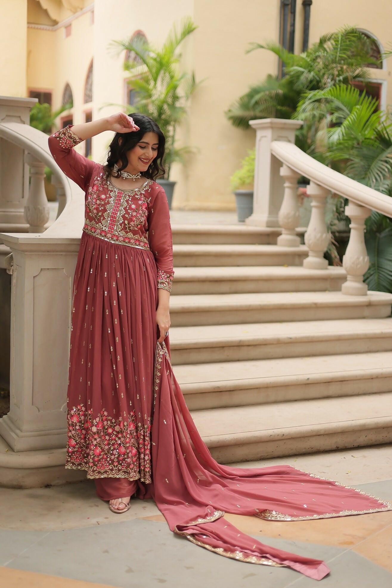 Coffee Chiffon Sequence Embroidery Kurta Set for Women