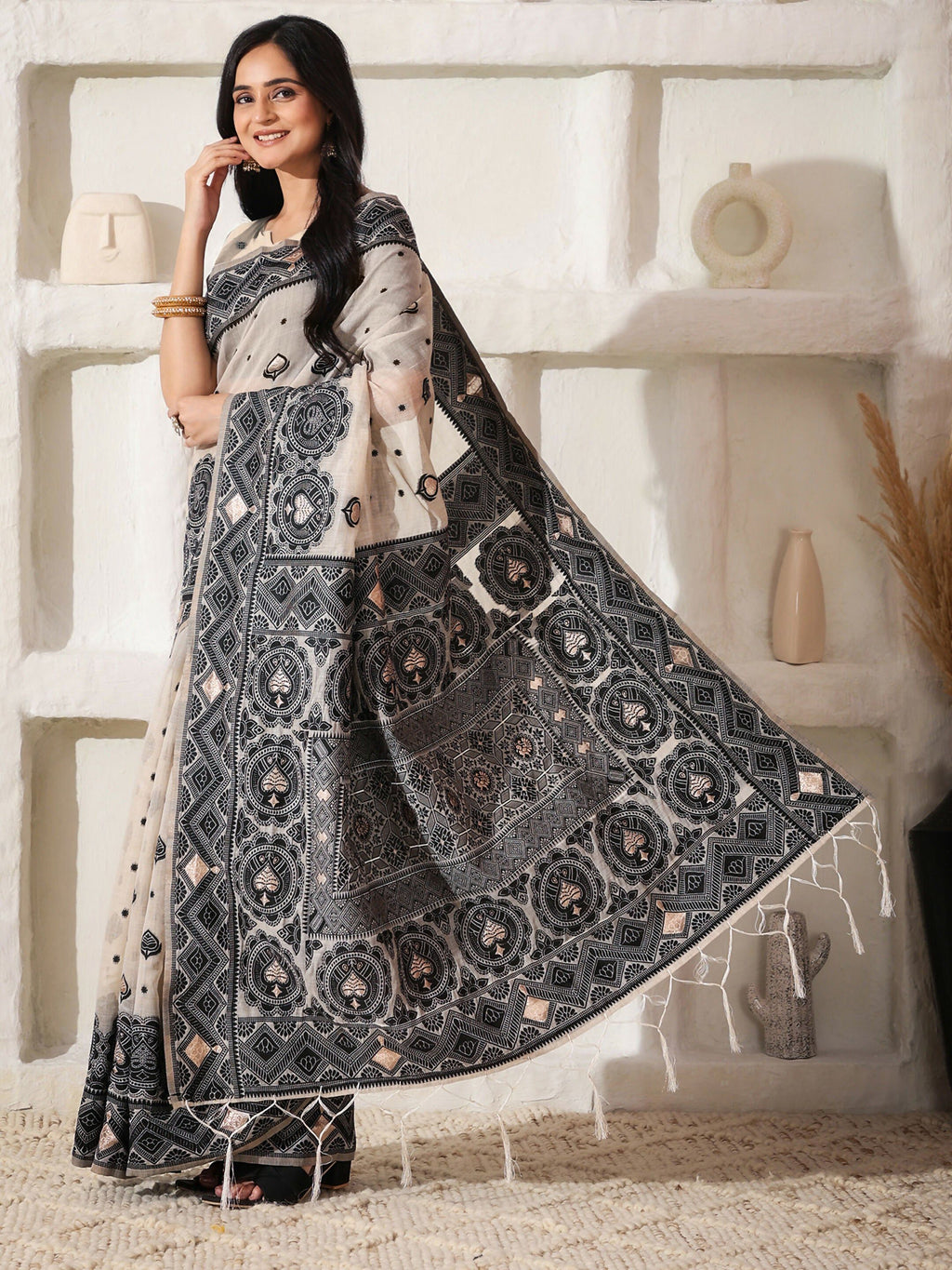 Black and Cream Linen Cotton Saree with Matching Blouse
