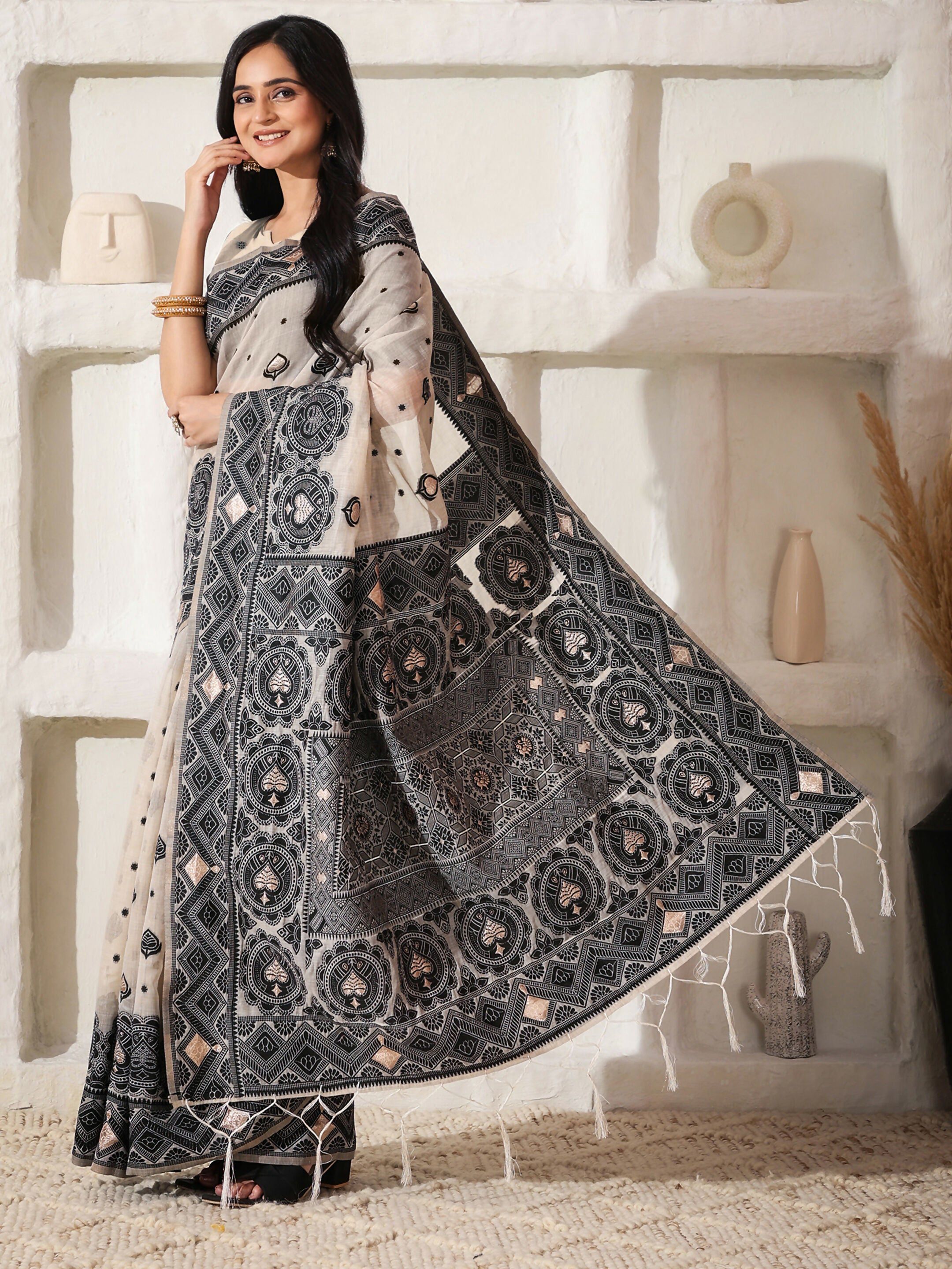 Black and Cream Linen Cotton Saree with Matching Blouse