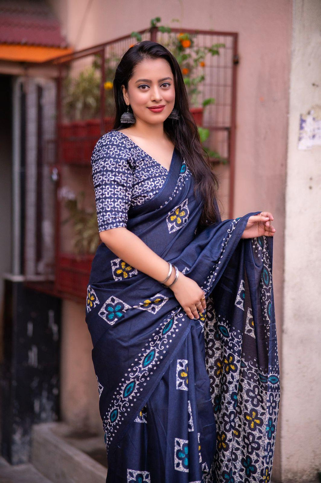 Blue Silk Blend Saree with Ethnic Batik Style Prints