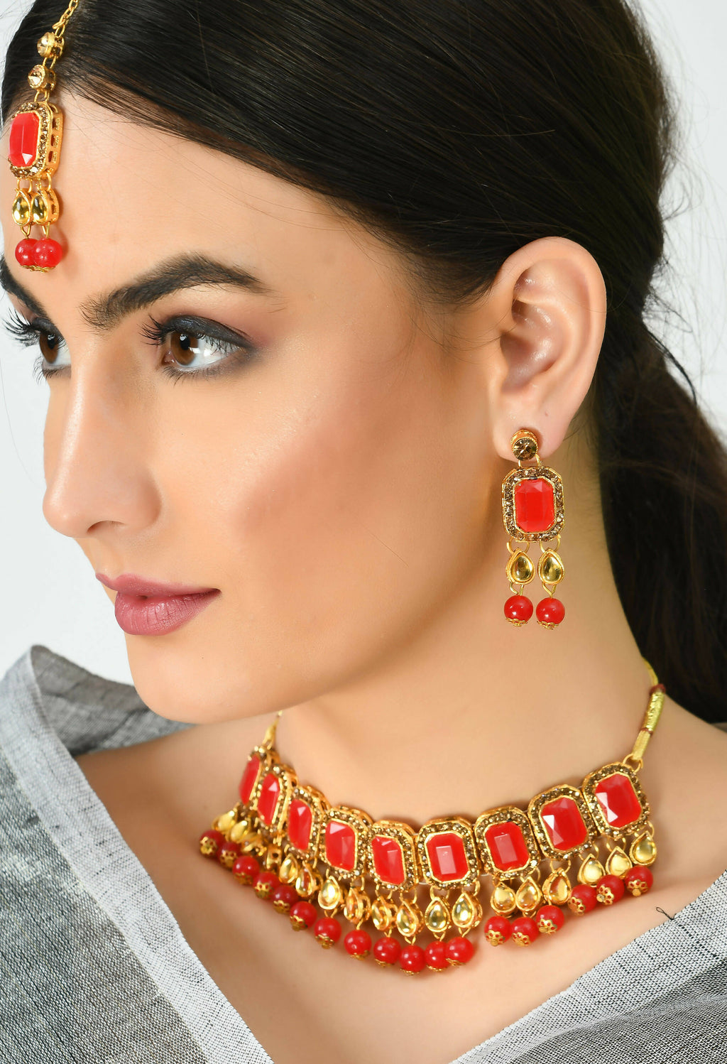 Kundan and Pearl Gold-Polished Brass Statement Choker (Red)