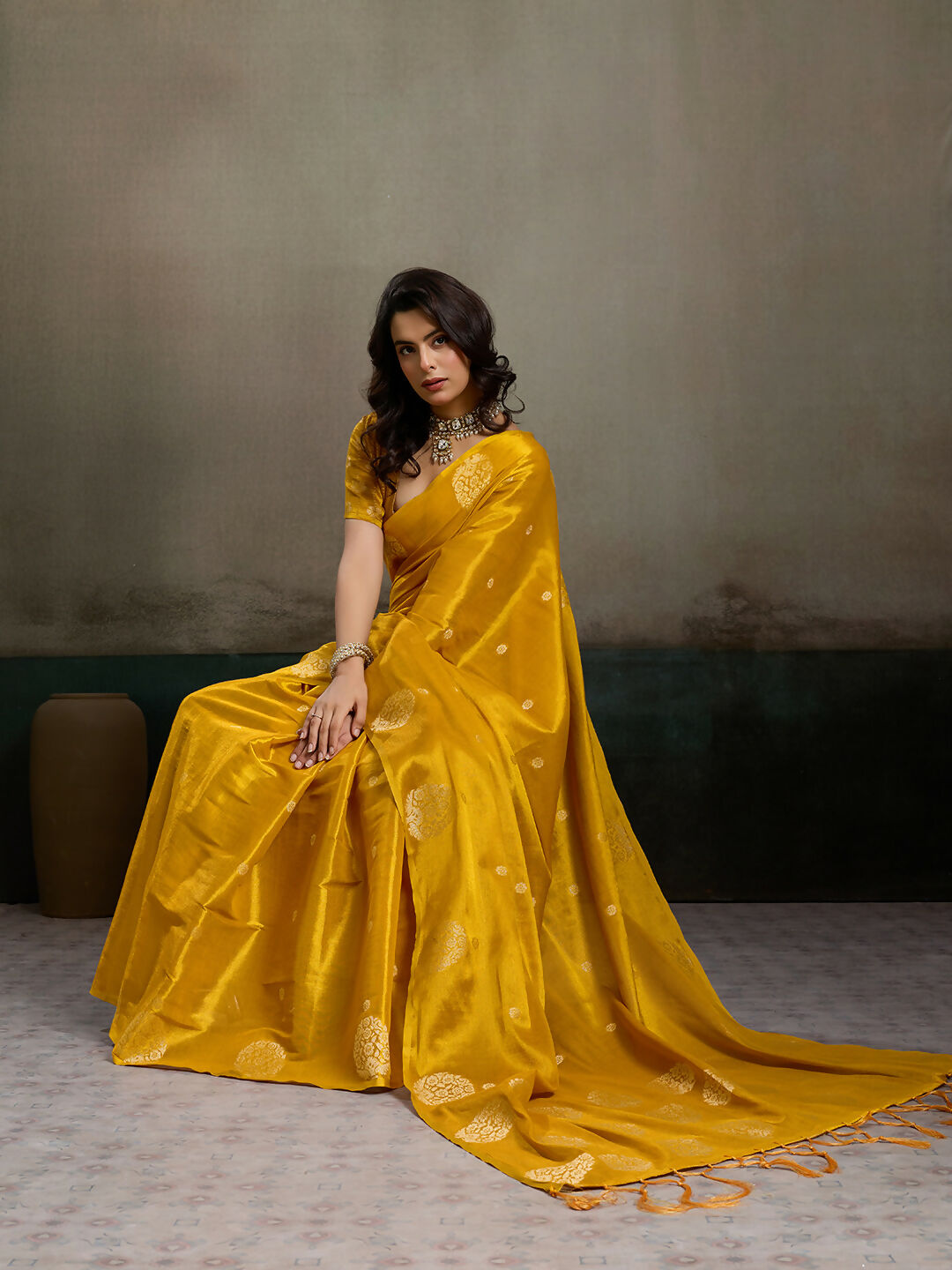 Mustard Yellow Tissue Silk Saree with Matching Blouse