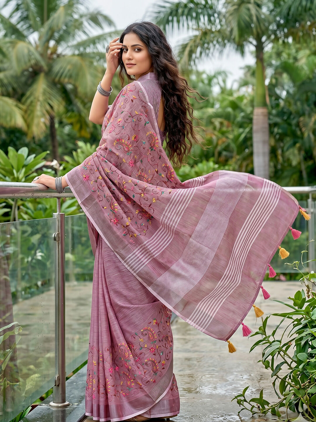 Purple Linen Saree with Matching Blouse Piece for Women