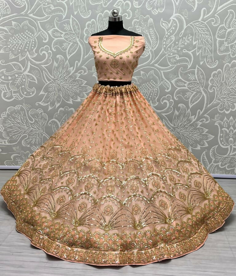 Peach Bridal Net Lehenga with Sequins, Threadwork & Handwork