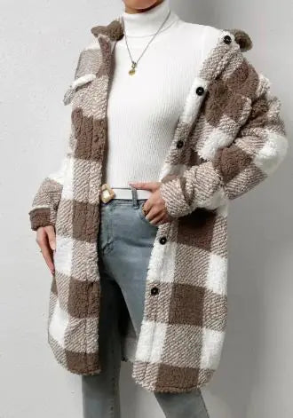 Women Long Plaid Fleece Shacket Button Down Cozy Winter Coat - Image 9