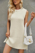 Women's Round Neck Sleeveless Knit Mini Dress with Side Slit - Image 27