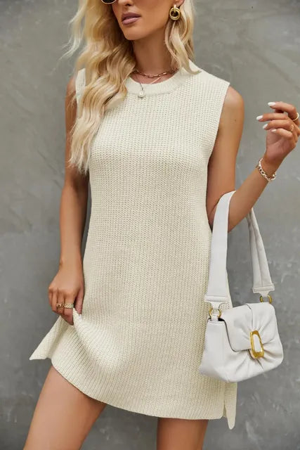 Women's Round Neck Sleeveless Knit Mini Dress with Side Slit - Image 27