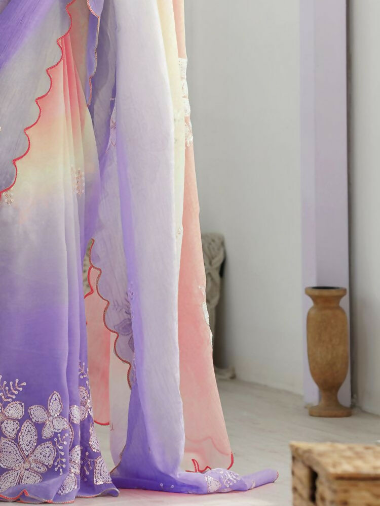 Peach Lavender Gold Crush Embroidered Saree with Roto Banglori Blouse