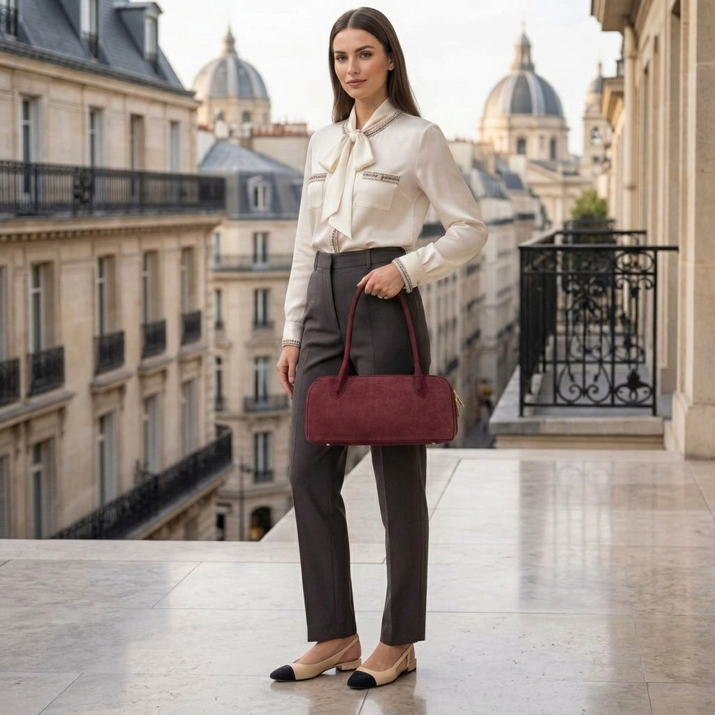 Italian Genuine Suede Structured Shoulder Bag with Gold Feet