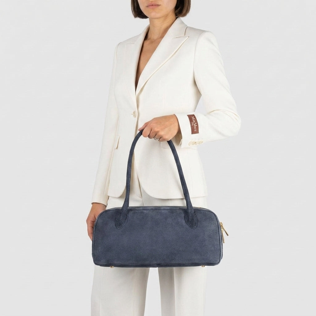 Italian Genuine Suede Structured Shoulder Bag with Gold Feet