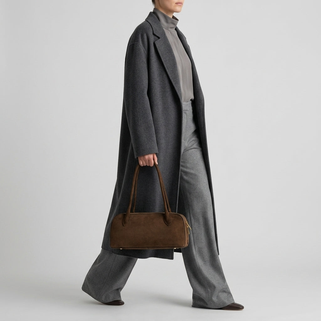 Italian Genuine Suede Structured Shoulder Bag with Gold Feet