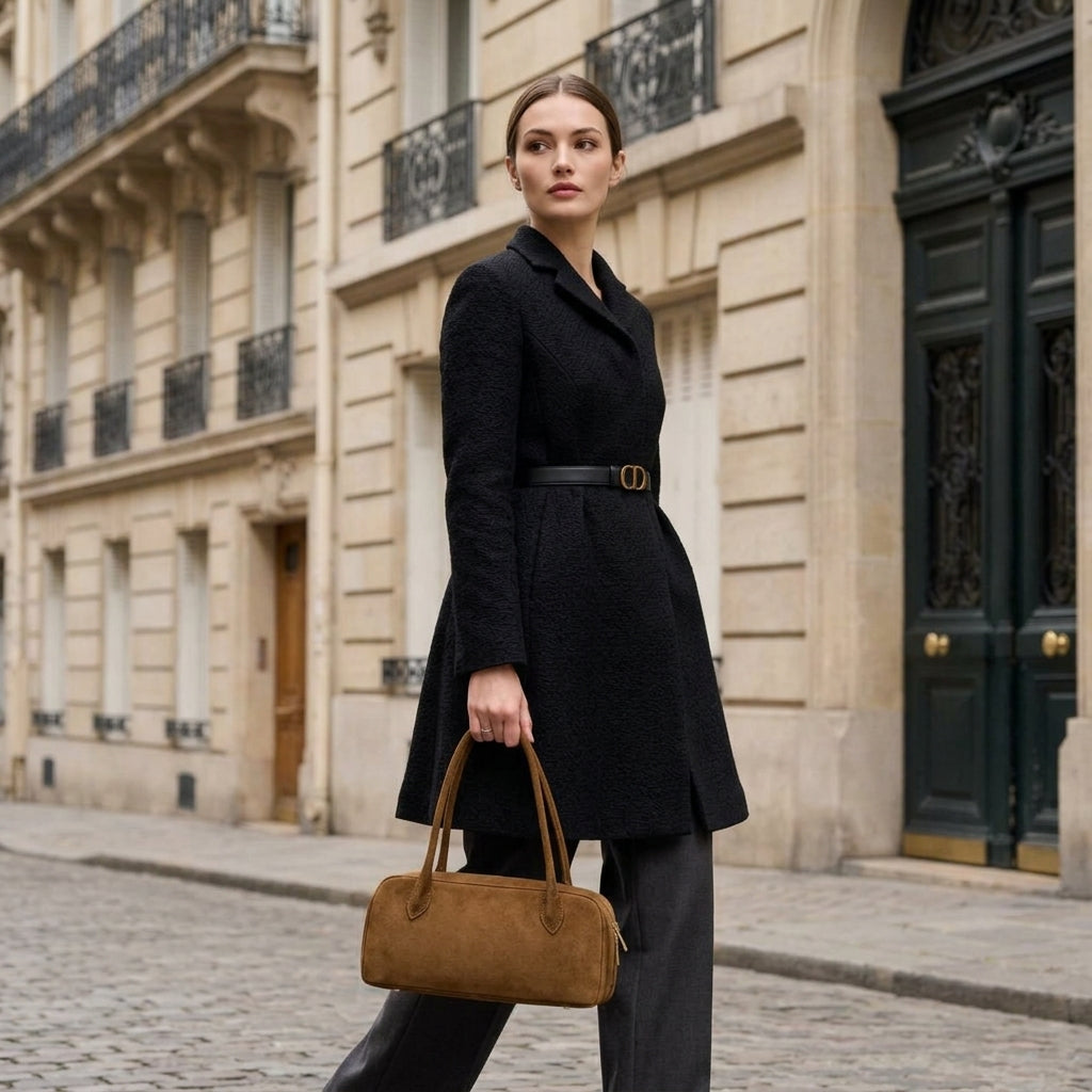 Italian Genuine Suede Structured Shoulder Bag with Gold Feet