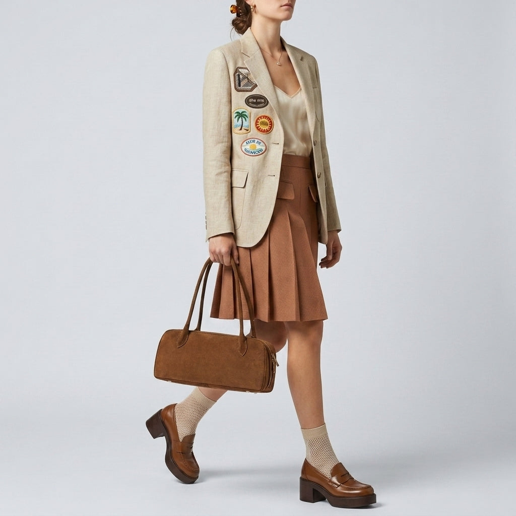 Italian Genuine Suede Structured Shoulder Bag with Gold Feet