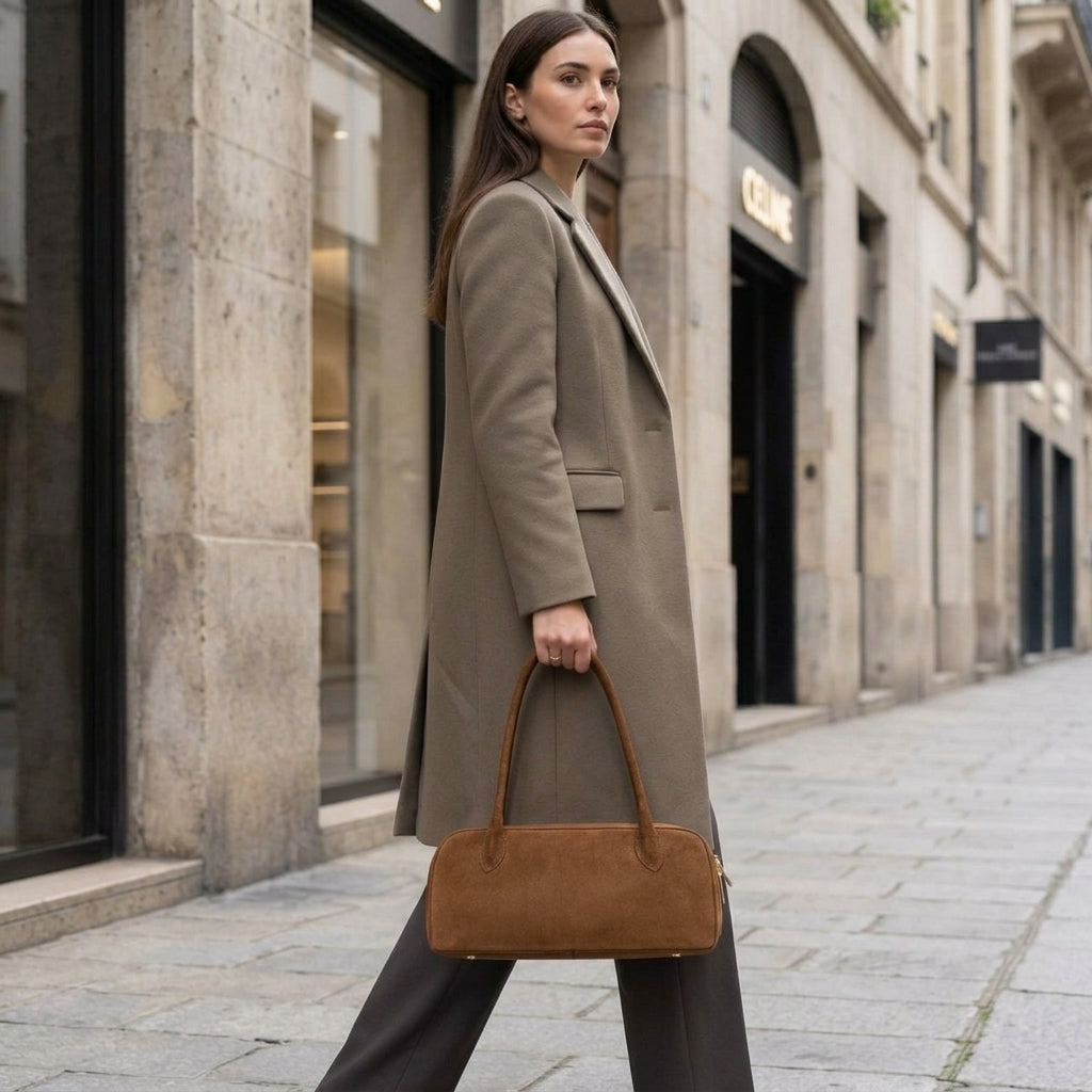 Italian Genuine Suede Structured Shoulder Bag with Gold Feet