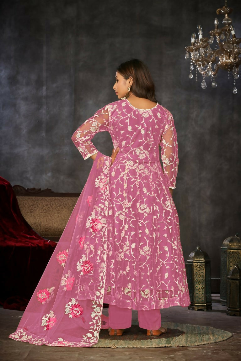 Women's Pink Net Embroidered Anarkali Kurta Pant Set with Dupatta