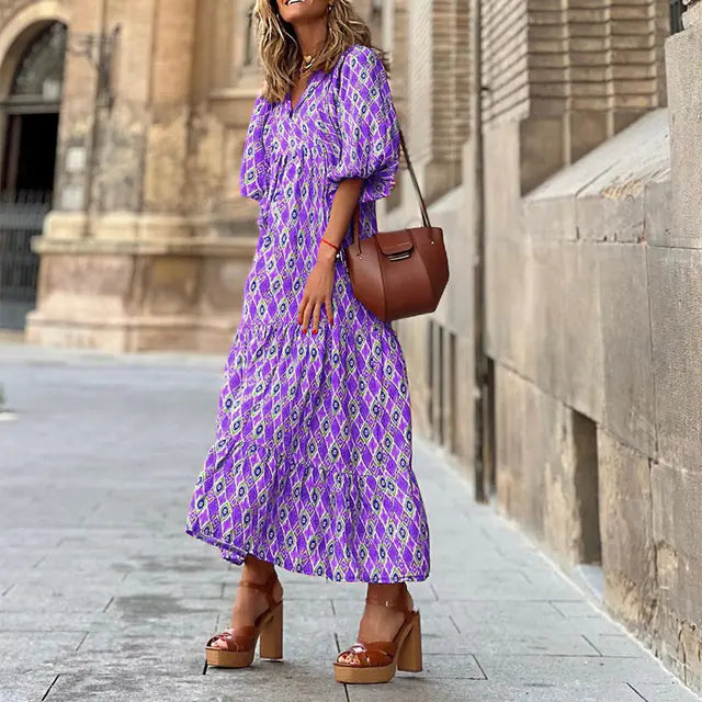 Women's Diamond Print Maxi Dress with V-Neck and Puff Sleeves