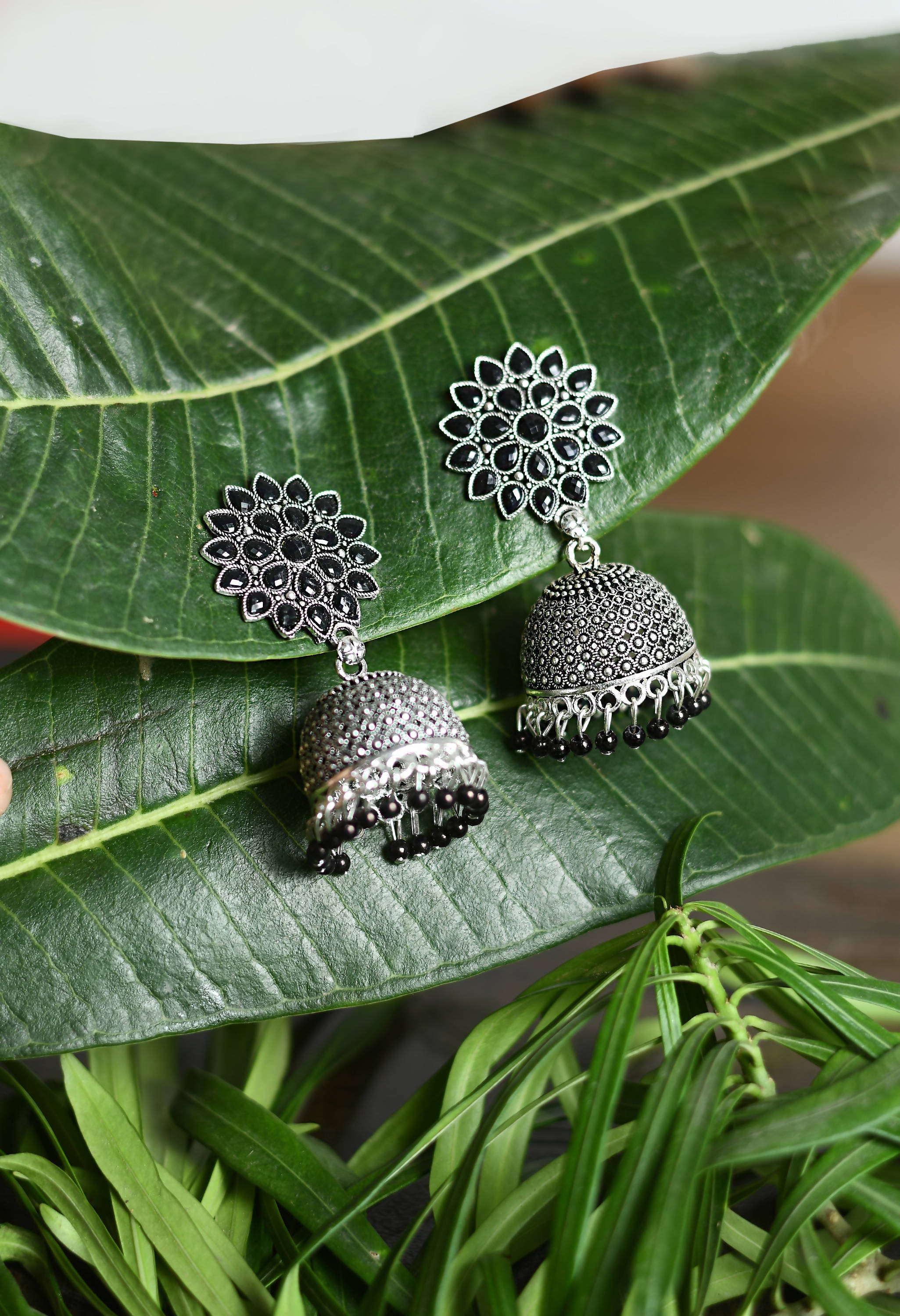 Johar Kamal Kundan Jhumka Earrings with Black Beads for Girls
