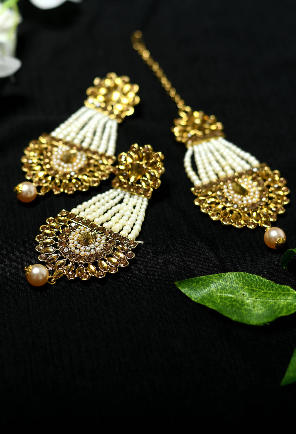 Golden Kundan and Pearl Jhumka Earrings with Maang Tikka