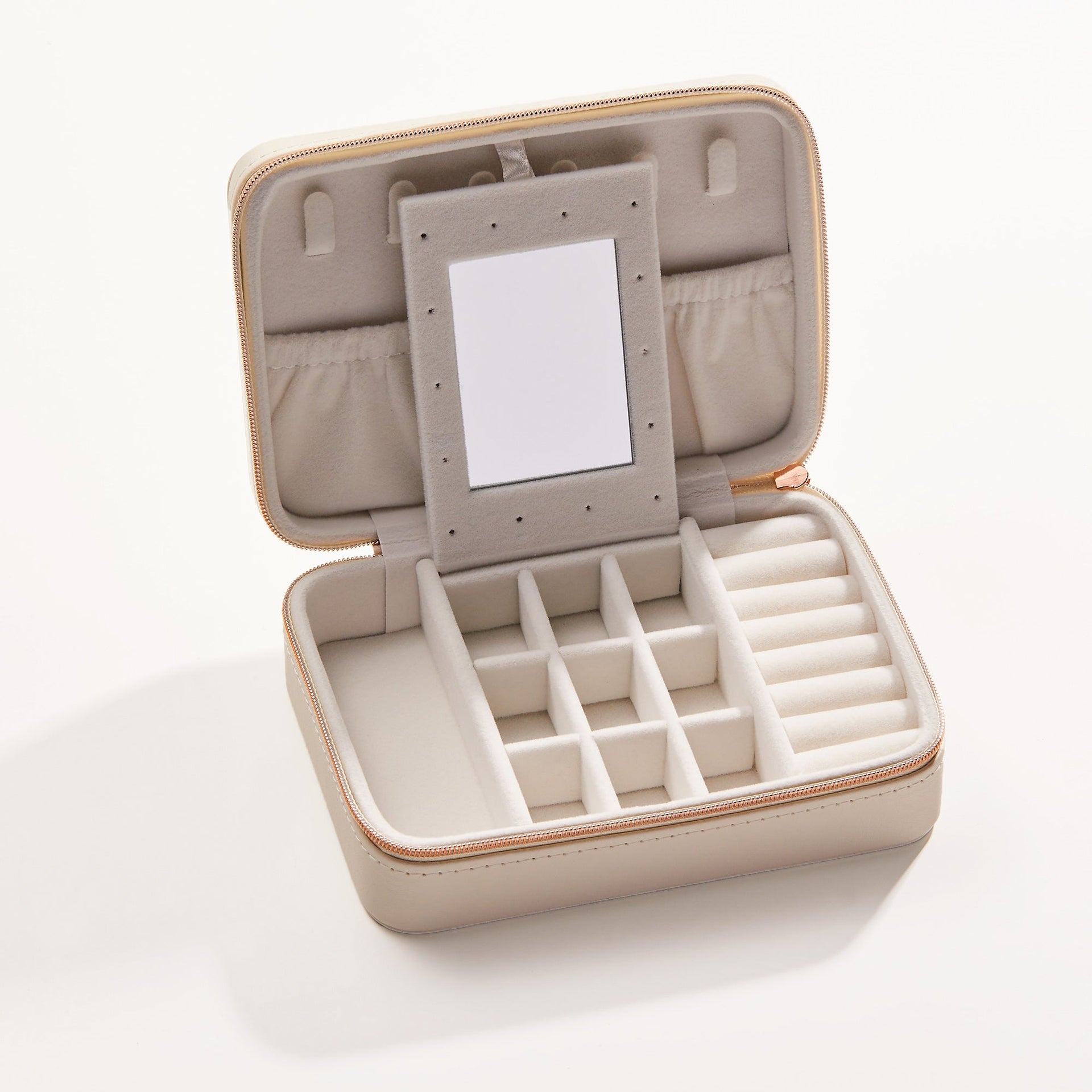 Geometric Leather Jewelry Case, White and Rose-Gold Travel Organizer
