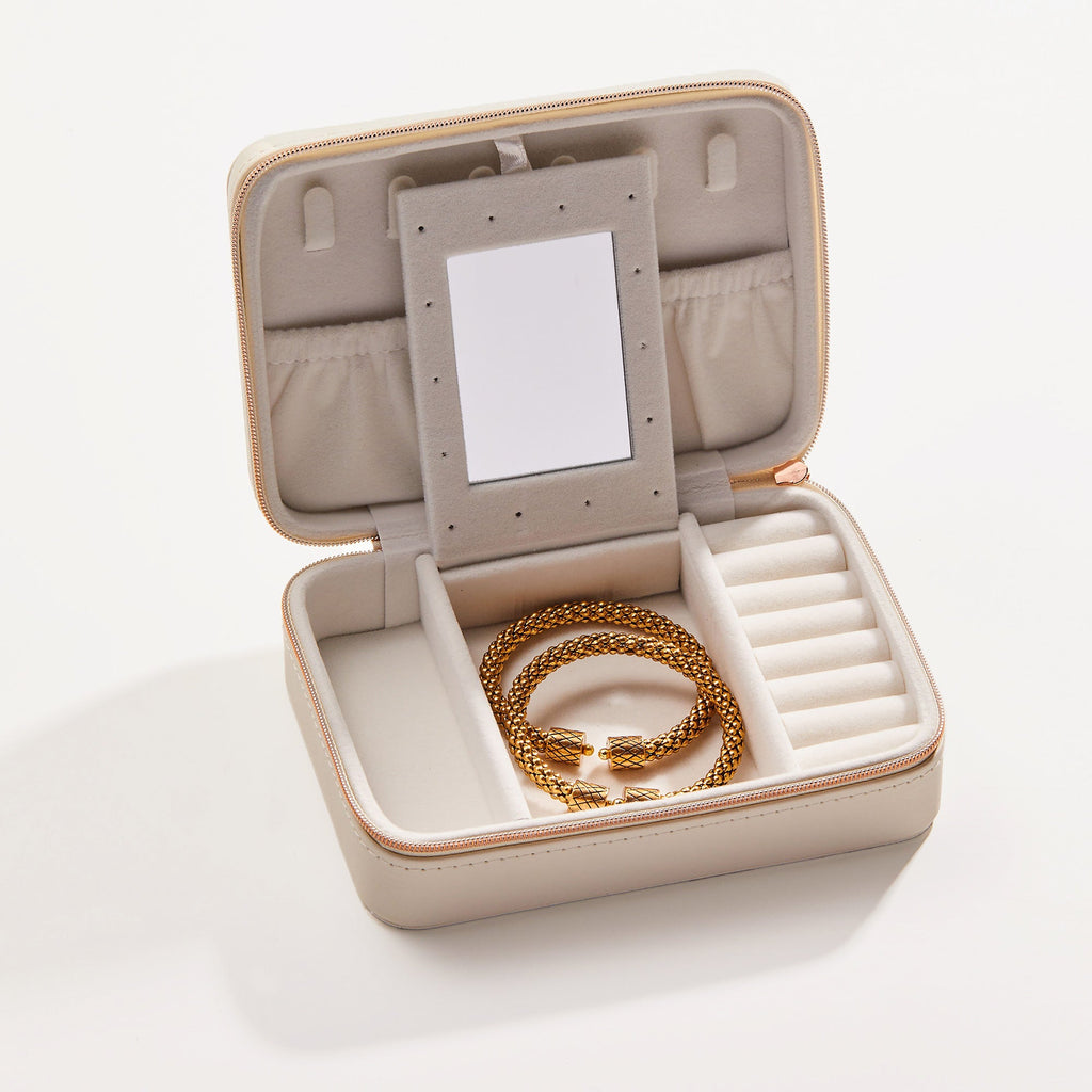 Geometric Leather Jewelry Case, White and Rose-Gold Travel Organizer